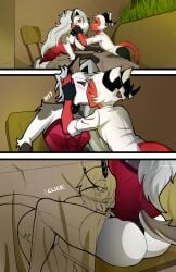 2025 anthro ass bisexual blush breasts canid canid_demon canine claws clothed clothed_anthro clothed_female clothed_male clothing comic cunnilingus demon dialogue digital_media_(artwork) dress english_text female female_anthro food fur furniture grey_body grey_fur grey_hair group hair hellaverse hellhound helluva_boss hi_res horn humanoid husband_and_wife imp kiss_on_lips kissing long_comic long_hair loona_(helluva_boss) male male/female mammal married_couple millie_(helluva_boss) moxxie_(helluva_boss) multicolored_body multicolored_fur mythological_canine mythological_creature mythology oral panties public public_sex pussy red_body red_skin restaurant sex sitting smile stealth_sex swain_(artist) table tail text tongue tongue_out trio two_tone_body two_tone_fur under_the_table underwear url vaginal_penetration white_body white_fur white_hair