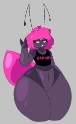 2023 2d antennae_(anatomy) anthro blank_background bug evilfiendish femboy huge_thighs insect_abdomen insects massive_thighs more_at_source peace_sign pink_eyes pink_hair smile smug thick_thighs
