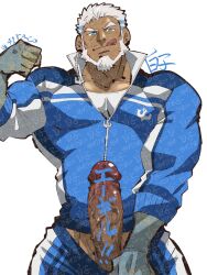 1boy :q aegir_(housamo) aqua_hair bara beard blue_eyes censored censored_by_text chinstrap_beard cowboy_shot dark-skinned_male dark_skin earrings erection facial_hair fins fish_boy flexing highres jacket jewelry large_pectorals male male_focus mature_male multicolored_hair muscular muscular_male mustache_stubble official_alternate_costume pectorals penis shirako_(kirupi) short_hair solo standing streaked_hair stubble thick_beard thick_eyebrows tokyo_afterschool_summoners tongue tongue_out too_many_watermarks tsurime veins veiny_penis watermark white_hair