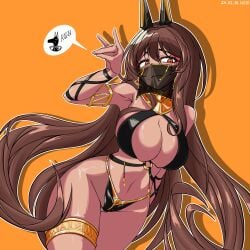 absurdres aludoru ancient_egyptian animal_ears anubis_(mythology) anubis_(mythology)_(cosplay) blush breasts brown_hair cleavage cosplay dark-skinned_female dark_skin dated detached_collar egyptian_mythology fake_animal_ears female fox_shadow_puppet goddess_of_victory:_nikke harem_outfit highres jackal_ears jewelry large_breasts long_hair looking_at_viewer mouth_veil noir_(nikke) solo teardrop_facial_mark veil very_long_hair waist_jewel wavy_mouth yellow_eyes