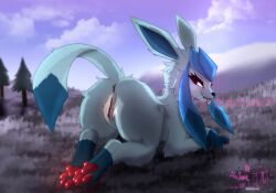 anus ass astralia_(art) blep blue_body blue_fur cloud dialogue eeveelution fangs female feral fur generation_4_pokemon genitals glaceon hi_res inviting_to_watch leg_markings lying markings nintendo pawpads paws plant pokemon pokemon_(species) purple_eyes pussy rear_view sky snow socks_(marking) solo solo_focus tail talking_to_viewer teeth text tongue tongue_out tree vulva watermark