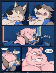anal anal_sex anthro areola arm_hair ass bed bedroom belly_hair big_bad_wolf big_butt black_nose blue_bed blue_blanket blue_clothing blue_pillow blue_topwear blue_vest blush body_hair butt_hair canid canine canis chest_hair clothing comic curtains curtains_open dialogue domestic_pig door drawer duo ear_piercing english_text exclamation_point facial_hair fairy_tales fangs fupa fur furniture furniture_lamp grey_body grey_fur hairy hairy_body hairy_legs hairy_man hi_res huttsergreywolf lamp lamp_shade leg_hair long_snout male male/male mammal moan muscular muscular_anthro muscular_arm muscular_arms muscular_male nipple_piercing nipples nude_male onomonopia open_window overweight overweight_anthro overweight_male partially_clothed_anthro partially_clothed_anthro_nude_anthro partially_clothed_anthro_nude_male partially_clothed_male penetration piercing pig pillow pink_areola pink_body pink_nipples sex sharp_teeth shoulder_hair snout speech_bubble suid suine sus_(pig) teeth text the_three_little_pigs topwear touching_bellies touching_belly vest wolf yellow_sclera