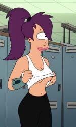 ai_generated ass bigmic145 breasts cyclops female futurama leggings locker_room medium_breasts one_eye purple_hair stripping tank_top tease teasing turanga_leela