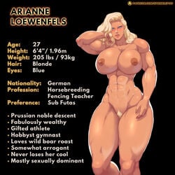 1girls abs areolae big_breasts blonde_hair blue_eyes breasts character_sheet female female_only huge_ass huge_breasts large_breasts muscles muscular muscular_female naughty_face nipples nude seductive solo sprinklepoo thick_thighs