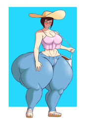 1girls ass big_ass breasts brown_hair clothed clothing female female_only green_eyes hat huge_ass hyper hyper_ass jeans madeline_(sweetscentedcrescent) midriff milf sandals short_hair simple_background smile solo sun_hat sunglasses sweetscentedcrescent thick_thighs wide_hips