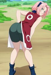 ai ai_art ai_generated ass ass_focus female female_focus female_only legs naruto naruto_(classic) naruto_(series) pink_hair sakura_haruno sakura_haruno_(genin) short_hair shorts solo teenage_female teenager young