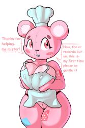 absurd_res animate_inanimate anthro apron apron_only bear big_breasts blush blush_stickers breasts chef_hat clothing dialogue female fluffolio genitals hat headgear headwear hi_res holding_breast living_plushie looking_at_viewer mammal mostly_nude nipple_outline open_mouth pink_body plushie pressing_breasts_together pussy seam_(sewing) simple_background solo teddy_bear thick_thighs white_background