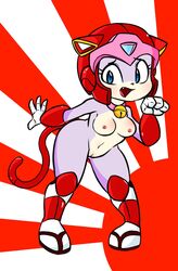 1girls 2019 anthro bell_collar blue_eyes boots breasts curvaceous domestic_cat feline female fur furry helmet hidden-cat kemono mammal nipples nude open_toe_shoes pink_fur polly_esther pussy samurai_pizza_cats tail wide_hips