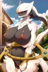 ai_assisted ai_generated anthro anthrofied arceus areola big_breasts biped black_white_body blush breasts female female_anthro generation_4_pokemon genitals hi_res hoop huge_breasts legendary_pokemon nintendo pokemon pokemon_(species) pussy solo tagme unknown_artist