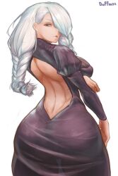 1girls ass ass ass_focus breasts clothing dress duffmox jujutsu_kaisen light-skinned_female light_skin long_hair mei_mei_(jujutsu_kaisen) thick_thighs thighs white_background white_body white_hair