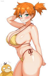 1girl absurdres alternate_breast_size_(larger) arm_behind_head artist_name ass bikini breasts closed_mouth collarbone commentary curvy eclyart gen_1_pokemon green_eyes highleg highleg_bikini highres huge_ass kasumi_(pokemon) large_breasts looking_at_another looking_at_viewer misty_(pokemon) navel nintendo orange_hair pokemon pokemon_(anime) pokemon_(classic_anime) pokemon_(creature) psyduck shiny_skin short_hair side-tie_bikini_bottom side_ponytail simple_background smile swimsuit thighs thong thong_bikini two_side_up white_background wide_hips yellow_bikini
