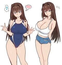 1girls aozaki_aoko blue_eyes breasts brown_hair ebora female huge_breasts light-skinned_female light_skin long_hair looking_at_viewer mahou_tsukai_no_yoru one-piece_swimsuit simple_background swimsuit thick_thighs wide_hips youngmanisdown