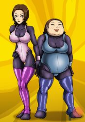 atlus bodysuit breasts brown_eyes brown_hair fat huge_breasts kashiwagi_noriko latex legwear leotard looking_at_viewer obese obese_female ohtani_hanako overweight persona persona_4 re-maker shin_megami_tensei slightly_chubby smile smirk spandex ugly_female workout_clothes