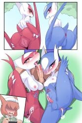 absurd_res after_sex anthro anus areola ass balls bianca_(pokemon_heroes) bisexual blush bodily_fluids breasts cum cum_in_ass cum_in_pussy cum_inside erection female generation_3_pokemon genital_fluids genitals hi_res human latias latios legendary_duo legendary_pokemon looking_at_viewer male male/female male/male mammal nintendo nipples nude penis pokemon pokemon_(species) presenting presenting_pussy pussy red_eyes satoshi_(pokemon) smile spreading tongue zerokun135