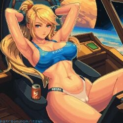 animated arms_up artist_name blinking blonde_hair blue_eyes breasts cameltoe cleavage drink highres itzah large_breasts long_hair looking_at_viewer metroid navel nintendo nipples nipples_visible_through_clothing panties pixel_art ponytail reclining revealing_clothes samus_aran skimpy_clothes skin_tight skindentation solo space spaceship tight_clothing watermark