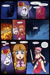 3girls a_link_to_the_past big_breasts bikini blue_eyes brellom comic english_text female link link_(shounen_captain) minish_cap nintendo ocarina_of_time pelvic_curtain pink_hair princess_zelda purple_hair purple_skin red_eyes red_hair rule_63 sweat sword the_legend_of_zelda thigh_strap vaati zelda_(ocarina_of_time)