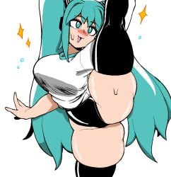 big_breasts blue_eyes blue_hair cyan_hair dizzyspells fgrpornit hatsune_miku shorts sportswear thick_thighs thighhighs twintails vocaloid