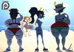 beach blush colored_skin grey_skin homestuck homestuck_troll horn huge huge_ass huge_breasts jane_crocker kanaya_maryam nipple_outline pierump sunvisor swimsuit terezi_pyrope troll vriska_serket