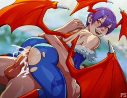 1boy 1girls alternate_version_available ass bat_print blue_pantyhose capcom clothed_female clothed_female_nude_male clothing cum cumshot darkstalkers demitri_maximoff demon_wings female female_focus flat_chest flat_chested head_wings leotard lilith_aensland looking_at_viewer looking_back male medium_hair muscles muscular muscular_male nude nude_male pantyhose pumpkinsinclair purple_hair red_eyes sex succubus thigh_grab very_high_resolution wings