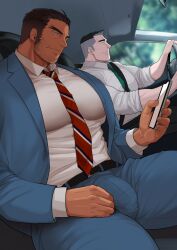 2boys abs absol_(dkqthf) bara bara_tiddies bara_tits beard_stubble belt big_bulge big_muscles black_belt black_hair body_hair bulge busty car_interior clothed clothed_oral clothing daddy driving facial_hair formal_clothes formal_wear gay holding_object holding_phone horny horny_male huge_pecs huge_thighs human human_only in_car inside_car light-skinned_male light_skin male male/male male_nipples male_only manboobs manly mature mature_male moobs muscular_male pale-skinned_male pale_skin pants pecs pectoral_bulge pectorals penis_outline red_tie shirt silver_fox thick_eyebrows thick_penis thick_thighs tie tight_clothing tight_pants tight_shirt veiny_penis white_shirt