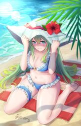 1girls 2018 alternate_costume bare_shoulders beach beach_towel bikini blue_eyes blush breasts chubby cleavage closed_mouth day embarrassed english_commentary female female_only fire_emblem fire_emblem:_path_of_radiance fire_emblem:_radiant_dawn frills green_hair hat highres ippers large_breasts lens_flare long_hair looking_at_viewer navel nephenee_(fire_emblem) nintendo outdoors panties sand shy sitting solo sun_hat swimsuit tears thigh_strap thighs towel very_long_hair wariza water waves