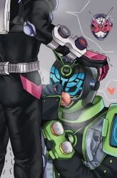 2boys armored armored_male ass blush blushing_through_mask bodysuit breath clothed clothed_sex fully_clothed gay hand_on_head hand_on_penis handjob heart heart_symbol holding holding_penis kamen_rider kamen_rider_zi-o kamen_rider_zi-o_(series) kneeling male male_focus male_only precum precum_string reaction_shot sfdofd shivering simple_background speech_bubble spoken_heart sweatdrop sweating tight_clothing tokiwa_sougo trembling uncensored variant_set woz yaoi