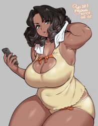 1girls 2024 2d 2d_(artwork) artist_name big_breasts black_hair black_hair_female cleavage curvaceous_female curvy curvy_female dark-skinned_female dark_skin dated digital_drawing_(artwork) digital_media_(artwork) female_only fluffy_hair grey_background holding_phone huge_breasts large_breasts looking_at_viewer oc original_character panties ryo_agawa shoulder_length_hair simple_background sleeveless tagme thick_thighs towel_around_neck voluptuous_female wide_hips