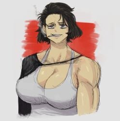 1girls big_breasts black_clover black_hair breasts cigarette cleavage genderswap_(mtf) limn044 muscular muscular_female rule_63 short_hair smoking smug tank_top yami_sukehiro