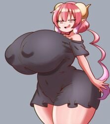 colored cute_fang edit erect_nipples gigantic_breasts gigantic_thighs half-closed_eyes huge_nipples ilulu_(dragon_maid) inakotho mewmaster93 miss_kobayashi's_dragon_maid mole_under_eye naughty_smile nipple_bulge smug thick_hips thick_thighs wide_hips