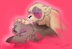 blush closed_eyes hover_(tribbleofdoom) lesbian_couple licking lion lioness my_pride nothing_(tribbleofdoom) pink_background quivering starryskylon tribbleofdoom yuri