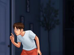 1boy 2d 2d_(artwork) brown_hair clothed clothing curious darkcookie digital_drawing_(artwork) digital_media_(artwork) door light-skinned_male light_skin main_character_(summertime_saga) male male_only masculine open_door peaking shorts solo solo_focus summertime_saga