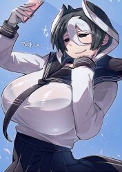 alternate_costume big_breasts black_and_white_hair black_eyes blush bra_visible_through_clothes cellphone female female_only fully_clothed hair_between_eyes huge_breasts kingofbandit156 made_in_abyss ozen phone school_uniform selfie serafuku smartphone smile solo translucent_clothing two_tone_hair