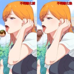 1boy blue_sky censored cloud commentary_request dango day female food highres initial-g love_live! love_live!_superstar!! mosaic_censoring open_mouth orange_hair outdoors penis purple_eyes shibuya_kanon shirt short_sleeves sky solo_focus straight tongue tongue_out translation_request upper_body wagashi
