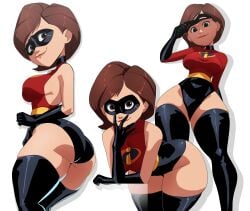 absurdres alternate_costume ass bent_over black_gloves black_mask breasts brown_eyes brown_hair commentary curvy disney domino_mask elastigirl english_commentary female gloves helen_parr highres inker_comics leotard looking_at_viewer mask mature_female medium_breasts multiple_views pixar pixar_mom short_hair simple_background superhero_costume the_incredibles thick_thighs thighs white_background wide_hips