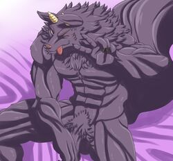 1boy abs bathym bed broken_(artist) canid canine canis censored covering covering_self demon hi_res horn male male_only mammal muscular muscular_male nude one_eye_closed pecs penis penis_base pubic_hair solo testicles thick_thighs tokyo_afterschool_summoners tongue v video_games wink wolf