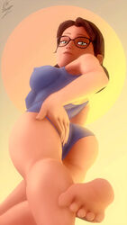 1girls 3d ass big_breasts blender brown_hair busty curvy feet female female_only foot_fetish glasses green_eyes lamoz571 looking_at_viewer looking_back looking_down miss_pauling nipple_bulge solo solo_female swimsuit tagme team_fortress_2 valve