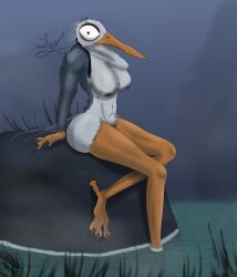 absurd_res anthro avian beak big_breasts big_eyes bird braided_hair breasts erin_(migration) eyelashes feathers female fog great_heron grey_body hair heron hi_res humanoid illumination_entertainment lindwormduality long_neck looking_at_viewer mature_female migration_(film) navel nipples older_female orange_beak orange_hands orange_legs pelecaniform plant pubes rock sitting solo submerged_feet swamp water wings