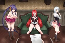 3girls akeno_himejima ass ass_focus big_ass big_breasts black_hair bra breasts female grabbing_own_breast high_school_dxd huge_ass huge_breasts inviting inviting_to_sex isaii koneko_toujou licking_lips licking_lollipop lollipop long_hair male paper red_hair rias_gremory seductive seductive_smile sexually_suggestive short_hair skirt skirt_lift suggestive tongue tongue_out white_hair