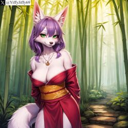 ai_generated animal_ears anthro arms_behind_back artist_name bamboo bamboo_forest bangs bare_shoulders body_fur breasts canine cleavage closed_mouth collarbone cowboy_shot female forest fox furry furry_female green_eyes hair_between_eyes japanese_clothes jewelry kimono large_breasts looking_at_viewer nature necklace obi off_shoulder outdoors purple_hair red_kimono sash smile solo stable_diffusion standing tail twitter twitter_username watermark white_fur yiffyjiffy69