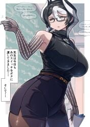 alternate_costume big_breasts black_and_white_hair black_eyes body_markings chalk chalkboard classroom female female_only fully_clothed glasses hair_between_eyes japanese_text kingofbandit156 made_in_abyss mature mature_female miniskirt ozen pale-skinned_female pale_skin pantyhose pencil_skirt short_hair sleeveless sleeveless_shirt solo teacher thick_thighs turtleneck two_tone_hair