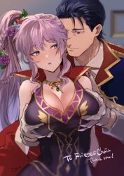 1boy 1girls absurdres alternate_costume blush breast_grab breasts cleavage collarbone commission cosplay couple double_breast_grab female female_focus fire_emblem fire_emblem:_genealogy_of_the_holy_war fire_emblem_heroes flower gloves grabbing grabbing_another's_breast groping hair_flower hair_ornament highres ishtar_(fire_emblem) ishtar_(fire_emblem)_(echoing_thunder) jewelry large_breasts male necklace nintendo non-web_source official_alternate_costume onohito purple_eyes purple_hair reinhardt_(fire_emblem) reinhardt_(thrud_reborn)_(fire_emblem) solo_focus straight watermark