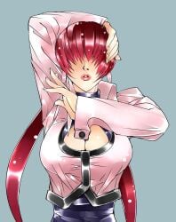 1girls big_breasts big_breasts boob_window breasts cleavage cleavage_cutout fashion female fit hand_on_head hand_up jacket king_of_fighters latex light-skinned_female light_skin lipstick long_hair looking_at_viewer pink_clothing ponytail red_hair shermie_(kof) thin_waist tied_hair toned_female voluptuous_female