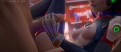 1boy 1girls 3d animated areolae audiodude blizzard_entertainment breasts clothed_female_nude_male d.va erection female fpsblyck gloved_handjob gloves handjob male nipples overwatch penis sound video white_gloves