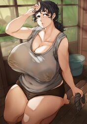 blush breasts cleavage covered_nipples dark_nipples female huge_breasts mature_female milf mole mole_under_mouth original plump seiza solo sweat tank_top toshi21888046 voluptuous voluptuous_female wet wet_shirt wife