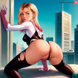 1girls accidental_exposure ai_generated anus ass back_view blonde_hair blue_eyes bubble_butt dat_ass exposed_pussy female female_only gwen_stacy heroine innie_pussy long_hair looking_back marvel panties_aside public public_exposure pussy solo spider-gwen spider-man:_into_the_spider-verse spider-man_(series) stable_diffusion themerchant69 thong torn_clothes wardrobe_malfunction