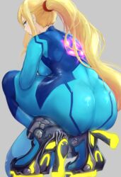 1girls 2019 ass big_ass big_butt blonde_hair blue_bodysuit blue_eyes blush bodysuit butt crouching female from_behind glowing grey_background high_heels high_ponytail highres ippers kneeling long_hair looking_at_viewer looking_back metroid mole mole_under_mouth nintendo ponytail samus_aran shiny shiny_clothes sidelocks signature simple_background skin_tight solo zero_suit zero_suit_samus