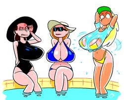 big_breasts bikini bikini_bottom bikini_top blonde blonde_female blonde_hair breasts brunette brunette_hair female female_only hat large_breasts multiple_girls oviidraws pool tan_body tan_skin water