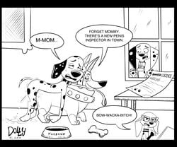 101_dalmatian_street 101_dalmatians 2019 black_and_white bondage bone bowl canid canine canis clarissa_(101_dalmatians) corgi cum dalmatian delilah_(101_dalmatians) dialogue disney dolly_(101_dalmatians) domestic_dog dylan_(101_dalmatians) english_text eyewear female feral feral_on_feral food_bowl glasses hi_res leash male mammal monochrome mother parent sex son speech_bubble straight text