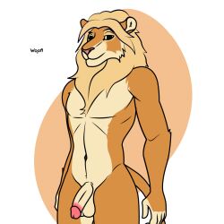 anthro blonde_mane brown_body brown_fur felid feline flaccid fur genitals glans green_eyes hi_res king lion looking_at_viewer male mammal mane markings nude pantherine penis pink_glans royal_rod royalty solo standing tail white_markings woof!