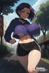 1girls ai_generated aiumbra goth goth_girl grin high_resolution highres hoodie horny huge_breasts large_breasts naughty_face purple_hair raven_(dc) self_upload smile smug stable_diffusion stomach sweat sweatdrop sweating thick_thighs